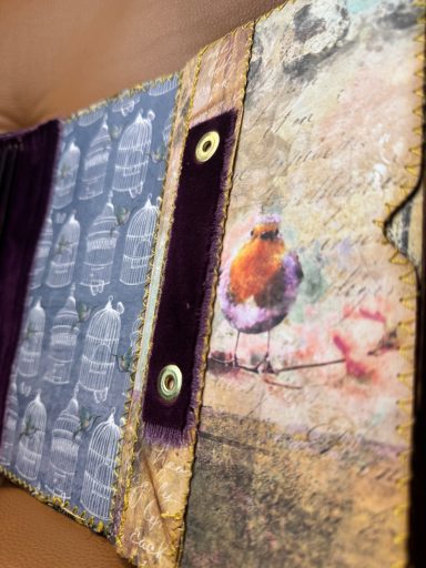 Journal "Maud Undone" - Ovidius Collection Handmade junk journal cover with colorful bird motif, textured mixed media design, Golden Spine Studio
