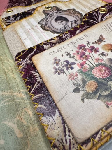 Floral Journal Folio - Maud Undone Handmade junk journal page with vintage floral book illustration and ornate border, Golden Spine Studio.