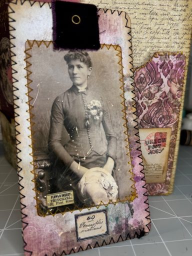 Vintage Journal Tag - Maud Undone Vintage-Style journal Tag with black and white portrait of "Maud Undone" (woman), handmade collage with stitched edges, Golden Spine Studio